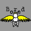 A 5x4 contact sheet of a 20-frame animated icon showing a white stick figure with yellow wings and halo performing wing-flapping animation above the text 'Bored' on gray background.