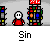 Pixel art animation of a character in red clothing with white face, interacting with a colorful block structure and changing poses across frames.