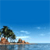 Pixelated static image of a coastal scene with blue sky, water, and landmasses including trees and rocky formations.