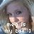 Pixelated image of a person with light brown hair and dark eyes, wearing a blue top, overlaid with white text reading 'meg is my bff :]' in lowercase letters.