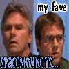 six showing two men in various poses with overlaid text phrases like "my fave" and "spacemonkey"