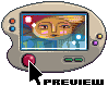 Pixel art of a beige handheld gaming device with colored buttons, screen showing a stylized face with pink cheeks and blue background, red button pressed by cursor.