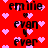Red background with scattered pink hearts and repeated black text 'emilie', 'evan', 'ever' in pixelated font.