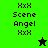 Green and black pixelated icon with 'XxX Scene Angel XxX' text and two star symbols, one black on green, one green on black.