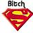 Pixelated red and yellow Superman-style shield with a stylized 'S' symbol, topped by the word 'Bitch' in blocky black text.