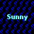 Blue pixelated text 'Sunny' appears four times on a black background with repeating blue circular patterns.