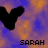 Black heart shapes and 'SARAH' text on a blue-orange gradient background with pixelated texture.
