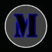 Circular icon with dark gray background and white border containing blue serif letter M in various rotations