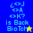 Pixelated icon with blue and yellow background sections, displaying text 'is Back BioTeh' and symbols '<>J <>A <>K?', featuring a star-shaped animation change.