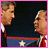 Two men in dark suits with red ties stand against a dark blue background with a red stripe and white star, one man's face turns toward the other as a pink heart appears above them.
