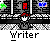 Pixel art character with red cap and gray outfit stands in industrial setting with blue , text "Writer" below, multiple animation states show smoke and fire effects