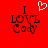 Red background with black text reading "I LOVE Cody" and a white pixelated heart above the word "LOVE" in one frame, missing from another.