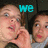 Two people in a selfie pose with one hand near the face, text changes from 'we' to 'r' to 'my by car' in cyan pixelated font.