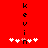 Red background with vertical black text 'kevi' on both sides and white star-like shapes below, one shape has a pink pixel cluster.