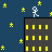 Pixelated cityscape with dark gray buildings, yellow windows, white stick figures on rooftops and mid-air, scattered yellow stars against a blue background.