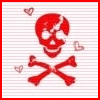 Red skull and crossbones icon with three small hearts on lined paper background, bordered by red frame.