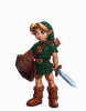 A green-clad character with brown boots and a shield holding a sword in various poses