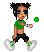 Pixel art character with dark skin, blue eyes, and black pigtails holding a green lollipop, wearing a green crop top and black shorts with white sneakers.