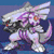 Two side-by-side pixelated figures with white and purple bodies, large wings, and orange eyes stand against a blue background.