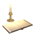 Animated sequence of an open book with pages turning under a candlelight, showing sequential page-flip motion.