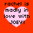 Four identical pink hearts on a red background display the text 'rachel is madly in love with JOEY!!' in black pixelated font.