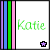 A 2x2 contact sheet of four animated frames showing the name "Katie" in different colors with a small star symbol, each frame featuring vertical rainbow stripes on the left side.