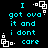 Pixelated cyan text on black background with white square-and-dot patterns, repeating the phrase "I got ova it and i dont care" in four identical quadrants.