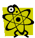 Yellow square background with black atomic symbol design featuring one large eye, small dot, and four orbiting lines forming a flower-like shape.