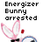 Pixelated image with text and two distinct visual elements: a pink-eared bunny head on the left, and a battery graphic on the right.