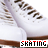white ice skates with brown laces and soles, each labeled 'SKATING' in pixelated text