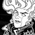 Pixelated grayscale portrait of a person with light hair styled in curls, wearing dark clothing against a black background.
