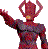 Pixelated figure with red and purple hues, raised arm extended forward, circular head shape with two curved appendages above it against a gray background.
