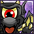 Pixelated cartoon dragon with red eyes, gray snout, and heart-shaped mouth, set against purple background with white symbols.