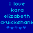 Blue background with cyan pixelated text reading 'i love kara elizabeth cruickshank' and four blue asterisks below, displayed in two identical side-by-side
