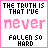 Pixelated text in black and pink on white background with a pink border, displaying 'THE TRUTH IS THAT I'VE never FALLEN SO HARD'.