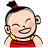 Pixelated cartoon baby with red top and yellow straps, black hair in bun with red tie, winking expression, pink cheeks, static single-frame icon.
