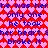 Pixelated text repeats across a red and pink heart-patterned background with blue lettering.