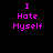 Pixelated text 'I Hate Myself' in bright pink on a black background with a circular gray gradient overlay.