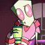 Animated character with large pink eyes, green hair, and a pink outfit holding a striped object in a dark room.