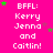 A bright pink background displays repeated white text 'BFFL: Kerry Jenna and Caitlin!' with scattered green and purple star shapes.