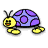 Pixelated cartoon turtle with purple shell, yellow head and limbs, black antennae, orange mouth detail, and a smiling expression on white background.