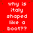 Red background with white pixelated text repeating 'why is italy shaped like a boot??' in multiple , some green dots scattered across the red field