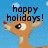 Pixelated orange reindeer head with red nose and large eye against blue background, displaying 'happy holidays!' text.