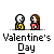 Pixel art of two figures in yellow and red clothing with brown hair, shown in various poses including standing side-by-side, kissing, and holding hands under 'HAPPY V DAY' text.