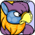 Pixelated cartoon character with blue face, purple headwear, and orange flame-like collar against light purple background.