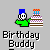 Pixelated character with blue square head and green shirt holds a multi-tiered cake with purple and white checkered layers and red-orange top.