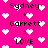 Bright pink background with scattered white pixelated hearts and repeated text 'Sydney + Garrett = LOVE' in black block letters.