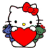 Pixelated white cat face with black eyes, yellow nose, red bow on left ear, and large red heart held in front.