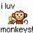 Pixelated monkey icon with brown fur, holding a green object and chain, surrounded by text reading 'I luv monkeys!' in gray block letters.