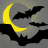 Yellow crescent moon and black bat silhouettes on a gray background with pixelated texture.
